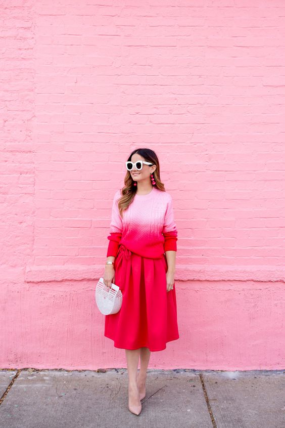 Valentine's Day outfits - pink ombre cable knit sweater with pink mid length skirt.
