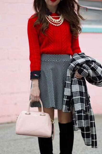Valentine's Day outfits - Red cable knit sweater tucked into polka dot mini skirt.