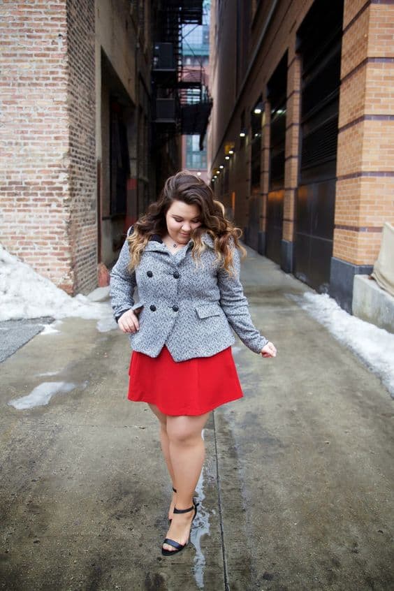 Valentine's Day outfits - gray peacoat buttoned up over short red dress